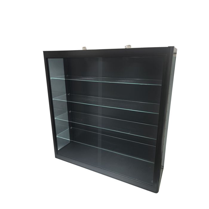 Black wall mounted display case with lights and lock